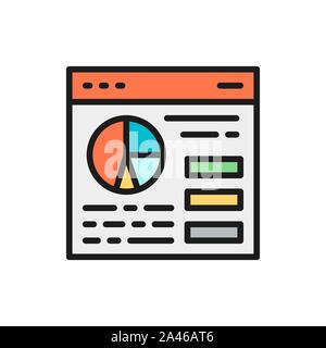Browser statistics, website traffic, webpage with chart pie flat color line icon Stock Vector