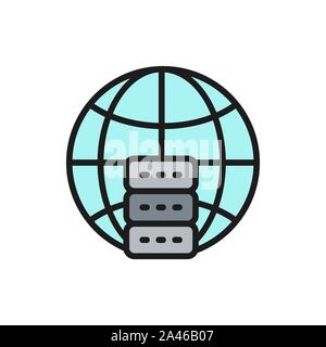 Global hosting server, data centr flat color line icon. Stock Vector