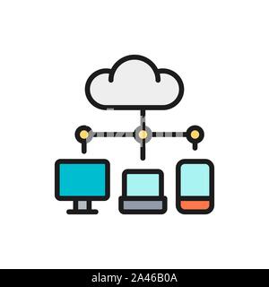 Cloud computing, data storage network technology flat color line icon. Stock Vector