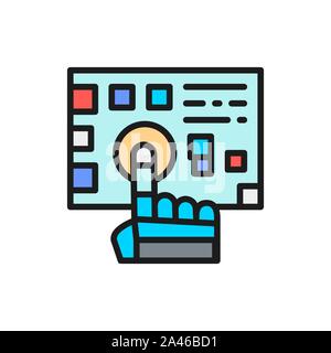 Robot arm presses on the button flat color line icon. Stock Vector