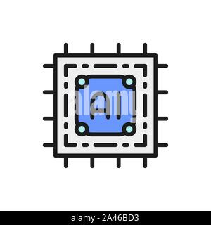 Artificial intelligence chip, electronic circuit, processor color line icon. Stock Vector