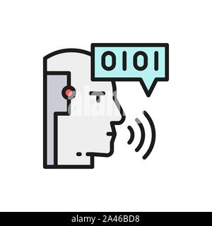 Artificial intelligence, robot with sound waves, chatbot flat color line icon. Stock Vector