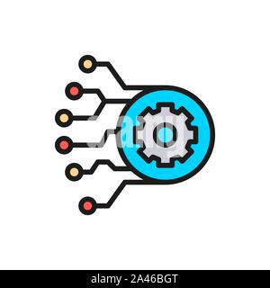 Gear with circuit board, artificial intelligence flat color line icon. Stock Vector