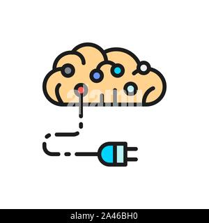 Connected brain to circuit board, artificial intelligence flat color line icon. Stock Vector