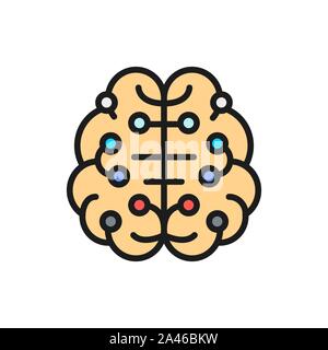 Artificial intelligence brain, connected to circuit board flat color line icon. Stock Vector