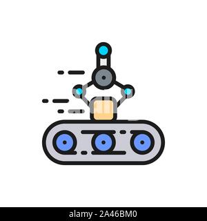 Conveyor belt with mechanical arm, robotic packaging flat color line icon. Stock Vector