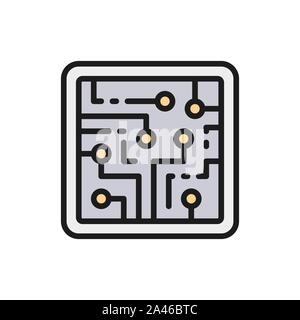 CPU, computer chip, electronic circuit, processor flat color line icon. Stock Vector