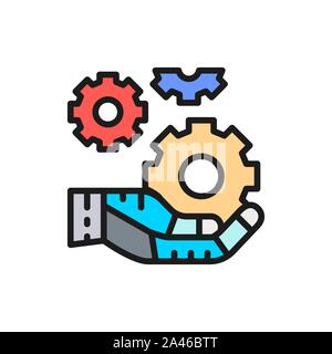 Hand holds a gears, tech development, engineering, technology color line icon. Stock Vector