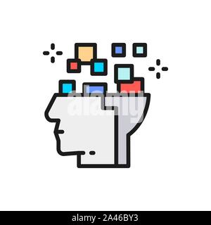 Robot head, brain connected to circuit board flat color line icon. Stock Vector