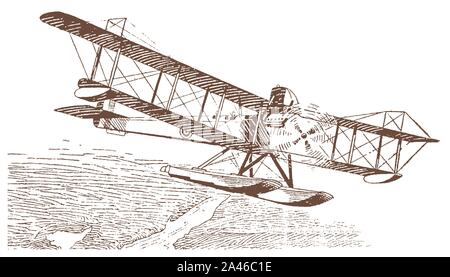 Historic biplane floatplane flying over an uninhabited river landscape. Illustration after a lithography from the early 20th century Stock Vector