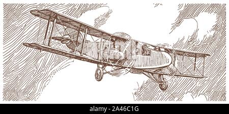 Historical commercial aviation biplane flying in front of a dark cloudy sky. Illustration after a lithography from the early 20th century Stock Vector