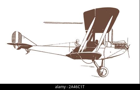 Flying historic two-seater biplane aircraft in side view. Illustration after a lithography from the early 20th century Stock Vector