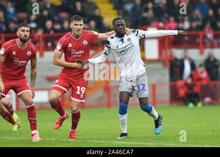 Crawley UK 12 October 2019 - Jordan Tunnicliffe of Crawley (left) with Brendan Sarpong-Wiredu of Colchester during the Skybet League Two match between Crawley Town and Colchester United at the People's Pension Stadium . Credit : Simon Dack TPI / Alamy Live News Stock Photo