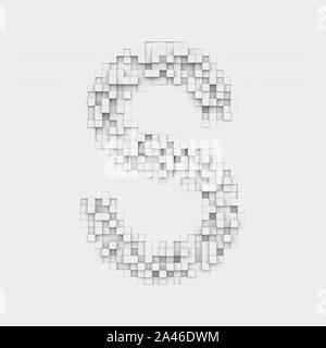 3d rendering of large letter S made up of white square uneven tiles on white background. Letters and numbers. Symbolism. Alphabet. Stock Photo