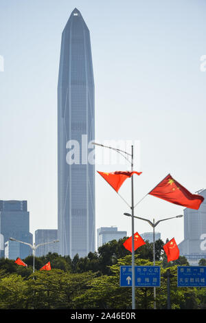 Red Chinese flags set up on a main road to embrace the 70th anniversary of the founding of PRC in Shenzhen city, south China's Guangdong province, 22 Stock Photo