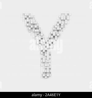 3d rendering of large letter Y made up of white square uneven tiles on white background. Letters and numbers. Symbolism. Alphabet. Stock Photo