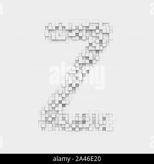 3d rendering of large letter Z made up of white square uneven tiles on white background. Letters and numbers. Symbolism. Alphabet. Stock Photo