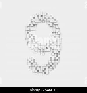 3d rendering of number 9 made up of white square uneven tiles on white background. Letters and numbers. Symbolism. Digits. Stock Photo