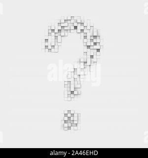 3d rendering of large question mark made up of white square uneven tiles on white background. Letters and numbers. Symbolism. Alphabet. Punctuaion mar Stock Photo