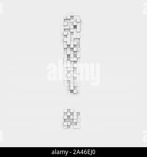 3d rendering of large exclamation mark made up of white square uneven tiles on white background. Letters and numbers. Symbolism. Alphabet. Punctuaion Stock Photo
