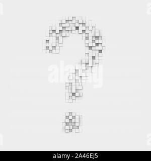 3d rendering of large question mark made up of white square uneven tiles on white background. Letters and numbers. Symbolism. Alphabet. Punctuaion mar Stock Photo