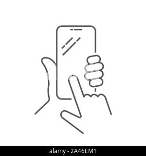 Hand holing smart phone with buy button on the screen. Using mobile smartphone. Mobile Phone Line Icon. Hand holding smartphone. Smartphone with white Stock Vector