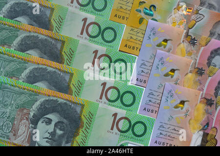 Australian one hundred, fifty and five dollar banknotes, flat lay photography. Creative concept, wealth Stock Photo