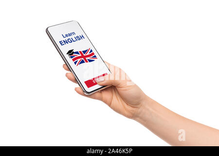 Language Educational App Opened On Smartphone In Woman's Hand Stock Photo