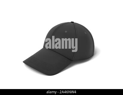 3d rendering of a single black baseball cap with black stitching lying on a white background. Professional sport wear. Casual headwear. Black uniform Stock Photo