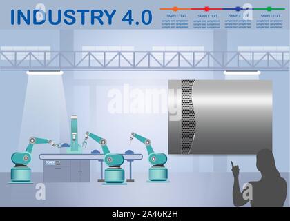 Industry 4.0 Smart factory concept showing color timeline and robots working on assembly line in factory interior. Silhouette of woman is pointing on Stock Vector