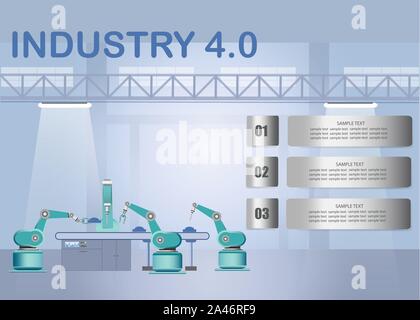 Industry 4.0 Smart factory concept showing  timeline and robots working on assembly line in factory interior. Three blank metal labels are ready for y Stock Vector