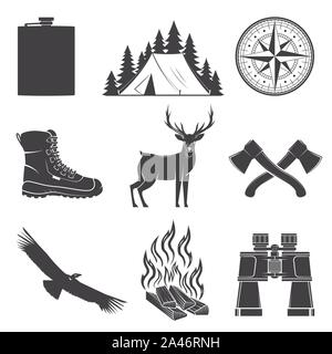 Set of Hiking and Camping icons isolated on the white background. Vector illustration. Set include compass, condor, boots, axe, deer, tent, campfire, flask, binoculars forest silhouette Stock Vector