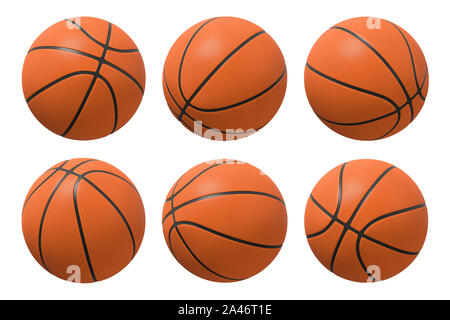 3d rendering of six basketballs shown in different view angles on a white background. Team sport. Scoring game points. Net games. Stock Photo