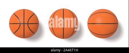 3d rendering of basketballs shown in different view angles on a white background in top view. Team sport. Scoring game points. Net games. Stock Photo