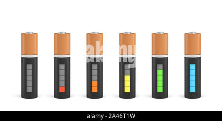 3d rendering of six AA type batteries with charge indicators in different stages of energy levels. Maximum charge. Depleted batteries. New and old por Stock Photo