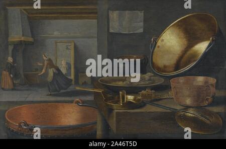 Floris van Schooten - A kitchen still life with pots and pans on a stone ledge and animated figures in the background. Stock Photo