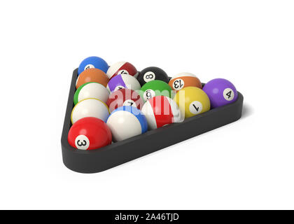 3d rendering of many billiard balls with colorful stripes and numbers inside a rack. Gaming equipment. Billiards and snooker. Pool ball set. Stock Photo