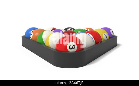3d rendering of many billiard balls with colorful stripes and numbers inside a rack. Gaming equipment. Billiards and snooker. Pool ball set. Stock Photo