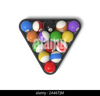 3d rendering of many billiard balls with colorful stripes and numbers inside a rack. Gaming equipment. Billiards and snooker. Pool ball set. Stock Photo