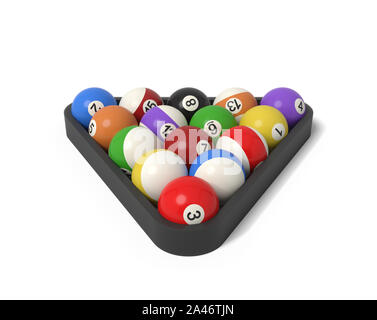 3d rendering of many billiard balls with colorful stripes and numbers inside a rack. Gaming equipment. Billiards and snooker. Pool ball set. Stock Photo