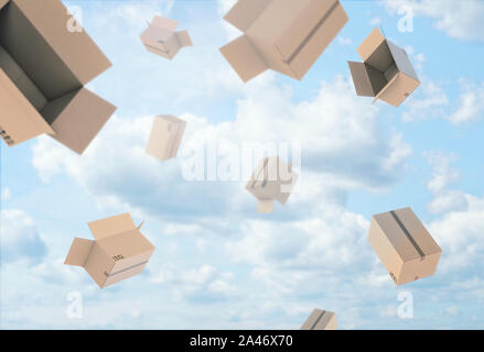 3d rendering of open empty light beige cardboard mail boxes falling from the blue cloudy sky. Postal services. Packing and crating. Storage of differe Stock Photo