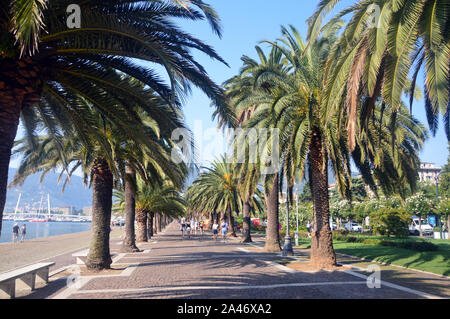 People Walking on the Palm Tree Lined Viale Italia Promenade in La Spezia, Italy, EU. Stock Photo