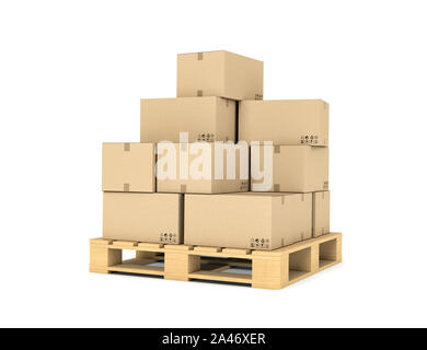 3d rendering of several carton boxes stacked evenly on a double-decked pallet on white background. Packaging and delivery. Cargo services. Loading goo Stock Photo