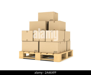 3d rendering of several carton boxes stacked evenly on a double-decked pallet on white background. Packaging and delivery. Cargo services. Loading goo Stock Photo