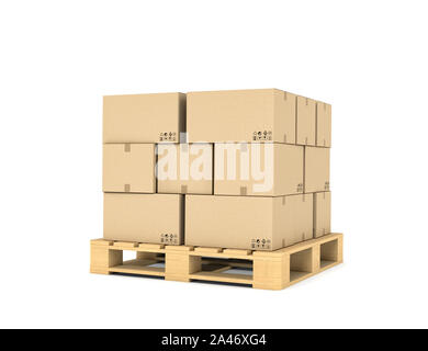 3d rendering of several carton boxes stacked evenly on a double-decked pallet on white background. Packaging and delivery. Cargo services. Loading goo Stock Photo