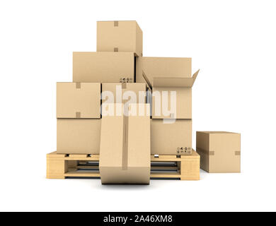 3d rendering of several carton boxes stacked evenly on a double-decked pallet on white background. Packaging and delivery. Cargo services. Loading goo Stock Photo