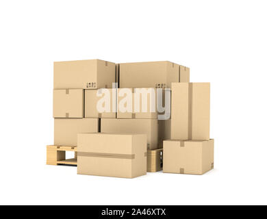 3d rendering of several carton boxes stacked evenly on a double-decked pallet on white background. Packaging and delivery. Cargo services. Loading goo Stock Photo