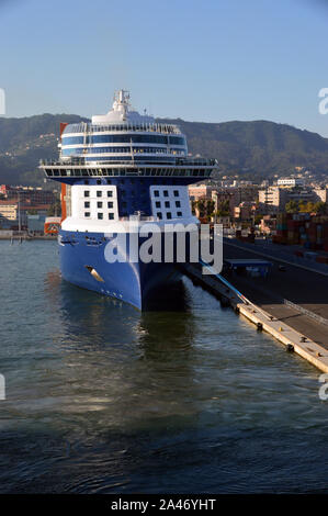 The Front (Bow) of the Luxury Cruise Ship Celebrity Edge Moored up on the Jetty by the Passenger Terminal in La Spezia, Italy, EU. Stock Photo