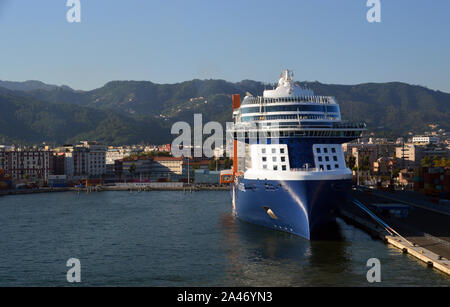 The Front (Bow) of the Luxury Cruise Ship Celebrity Edge Moored up on the Jetty by the Passenger Terminal in La Spezia, Italy, EU. Stock Photo