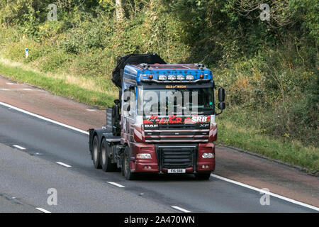 SRB transport DAF XF truck tractor unit powertrain traveling on the M61 motorway near Manchester, UK Stock Photo
